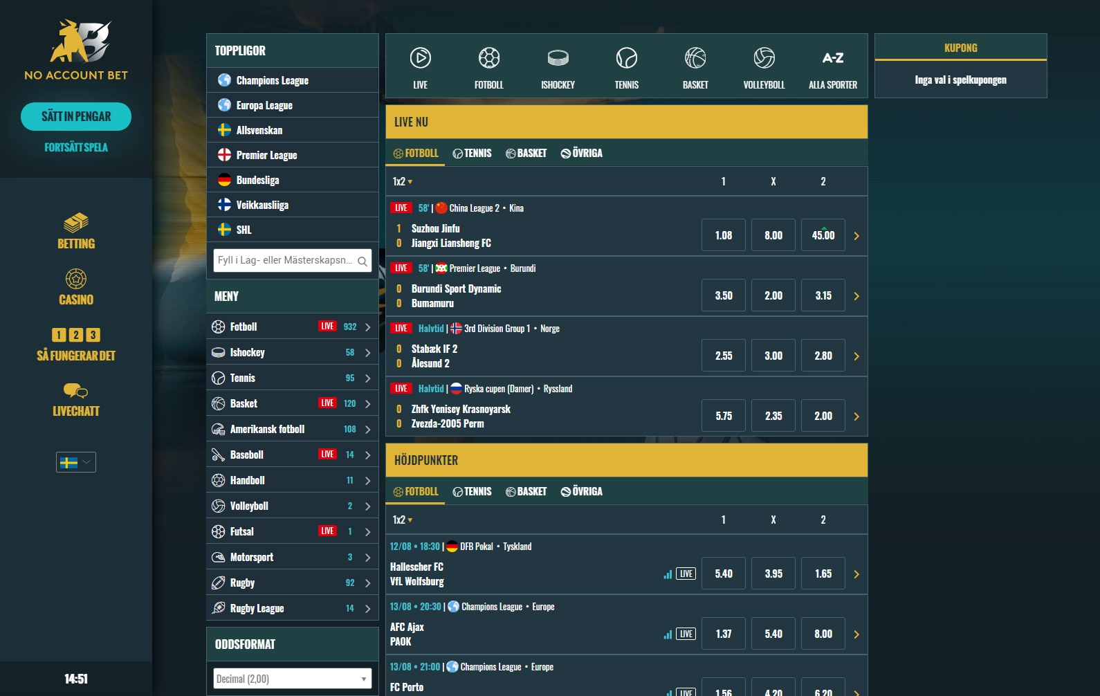 No Account Bet Oddsutbud