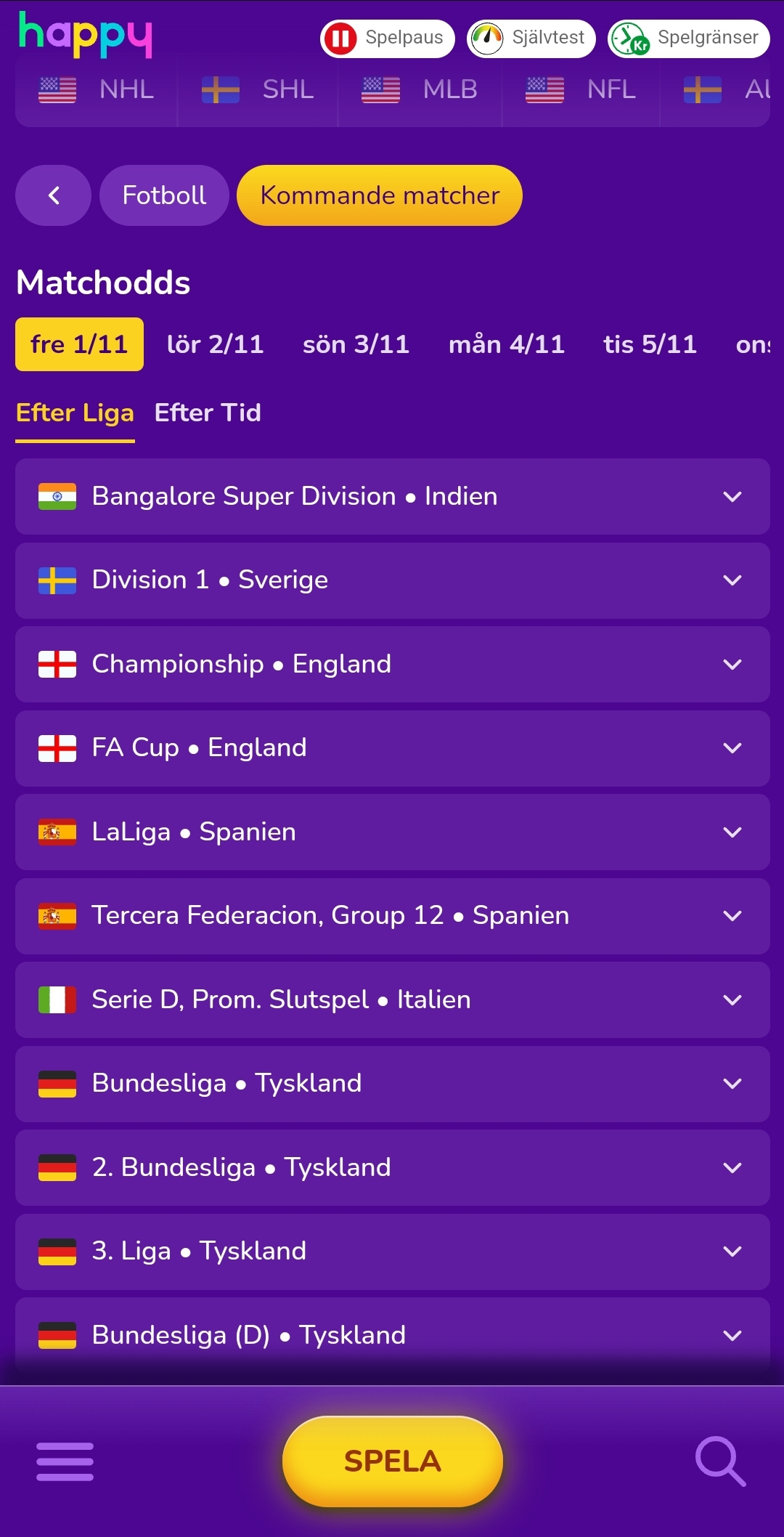 Happy Sports odds sektion