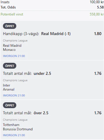 champions league trippel hos betsson