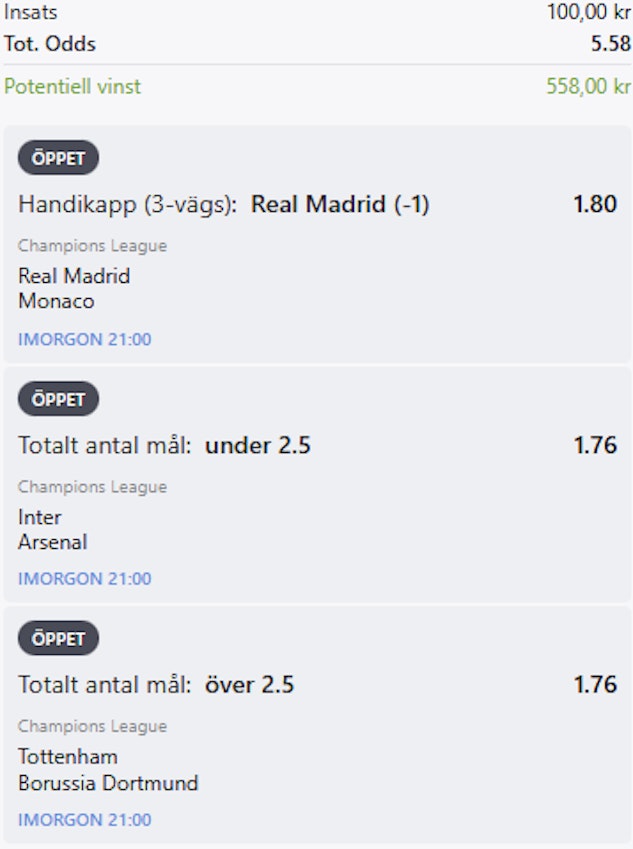 champions league trippel hos betsson